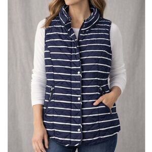 Preppy Nautical Striped Quilted Layering Puffer Vest Navy Women's M Coastal